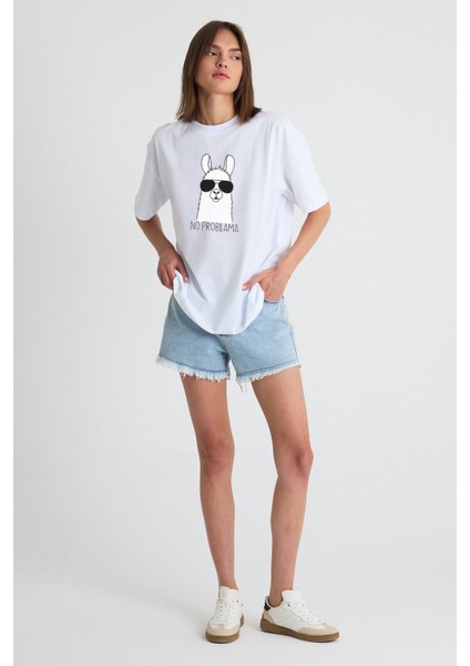 No Probllama Yazılı Lama Karikatür Baskılı Oversize Pamuklu Beyaz Unisex T-Shirt fırsatları
