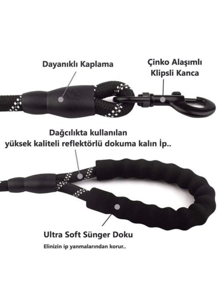 Köpekler Için Gezdirme Tasması Reflektörlü 130 cm Halat Orta ve Büyük Boy Köpekler Için Siyah fırsatları