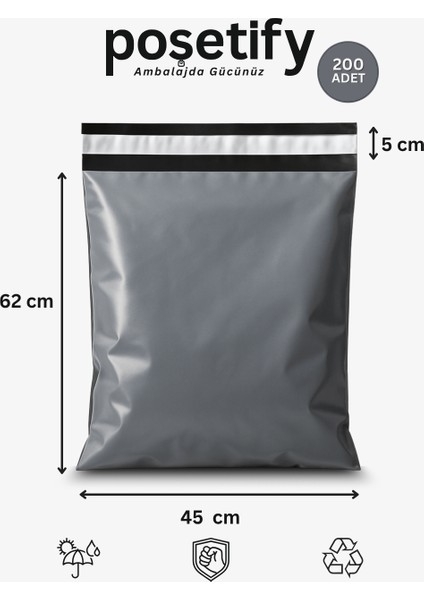 Gri Cepsiz Kargo Poşeti 45X62+5 cm | Yapışkan Bantlı Kargo Zarfı | 200’LÜ E-Ticaret Poşeti