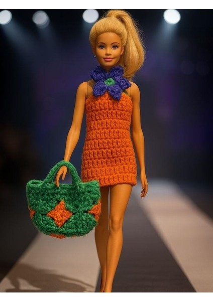 Barbie Bebek Için El Örgüsü Elbise ve Çanta Ikili Takım
