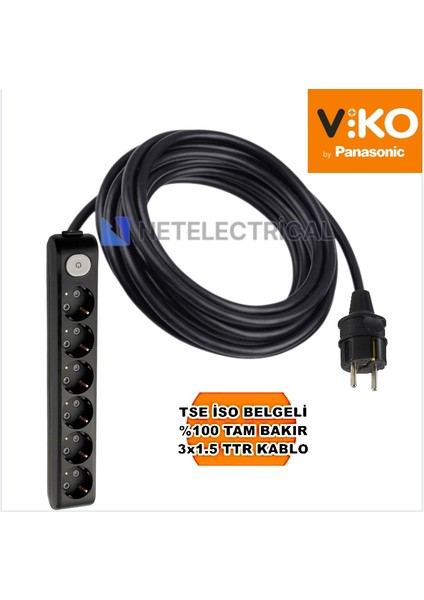 Multi-Let | Altılı 6 Metre Anahtarlı Topraklı Çocuk Korumalı Grup Priz - 6'lı, 6 M, Siyah 3x1.5 Ttr (Tam Bakır) Kablolu