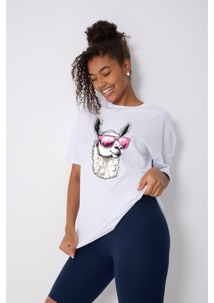 Lama Karikatür Baskılı Oversize Pamuklu Beyaz Unisex T-Shirt