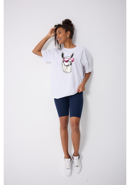 Lama Karikatür Baskılı Oversize Pamuklu Beyaz Unisex T-Shirt modelleri