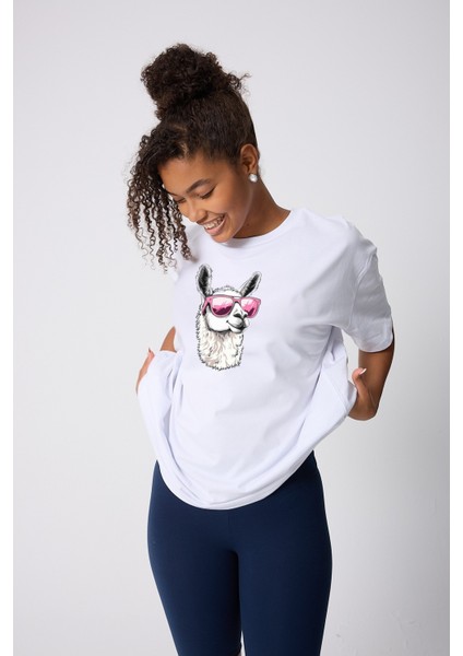 Lama Karikatür Baskılı Oversize Pamuklu Beyaz Unisex T-Shirt fırsatları