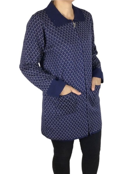 Kadın Yakalı Cepli Desenli Önü Fermuarlı Kalın Kışlık Hırka