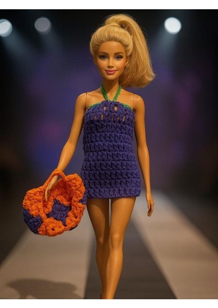 Barbie Bebek Için El Örgüsü Çiçek Detaylı Elbise ve Çanta Ikili Takım