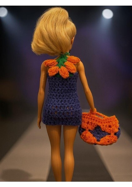 Barbie Bebek Için El Örgüsü Çiçek Detaylı Elbise ve Çanta Ikili Takım fiyatları