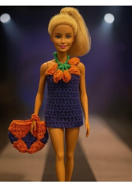 Barbie Bebek Için El Örgüsü Çiçek Detaylı Elbise ve Çanta Ikili Takım modelleri