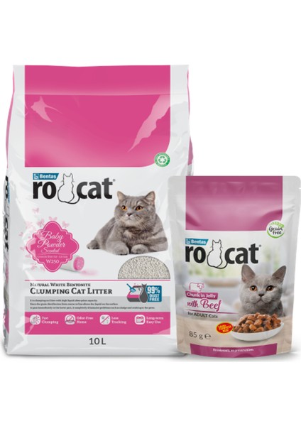 Rocat Bebek Pudrası Kokulu Beyaz Bentonit Kedi Kumu (Pouch Hediyeli)