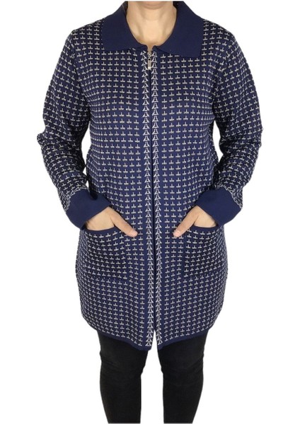 Kadın Yakalı Cepli Desenli Önü Fermuarlı Kalın Kışlık Hırka