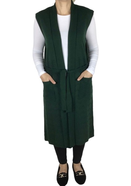 Kadın Beli Kuşaklı Cepli Uzun Standart Beden Triko Yelek