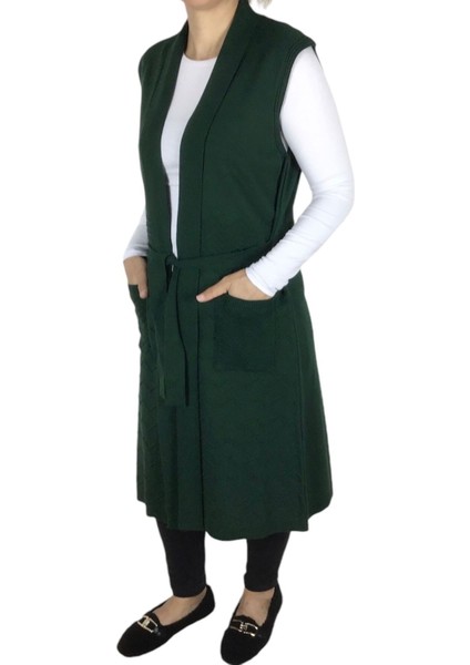 Kadın Beli Kuşaklı Cepli Uzun Standart Beden Triko Yelek fiyatları