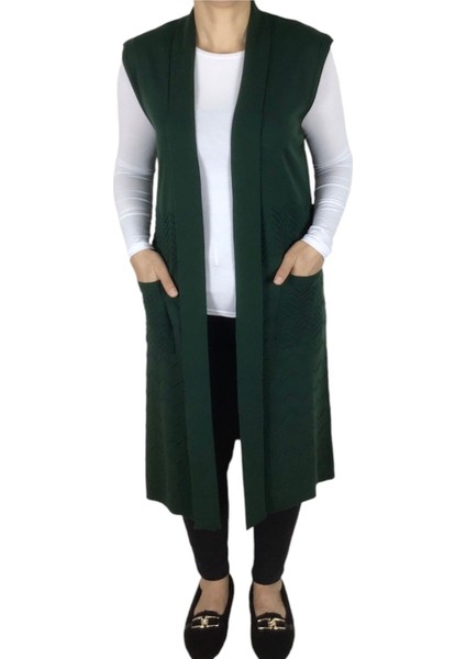 Kadın Beli Kuşaklı Cepli Uzun Standart Beden Triko Yelek fırsatları