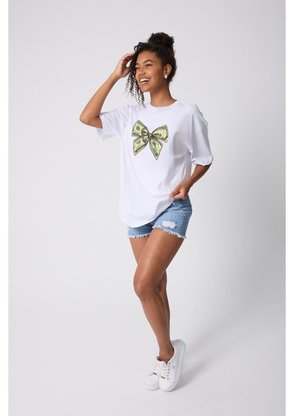 Bow Dollar Baskılı Oversize Pamuklu Beyaz Kadın T-Shirt