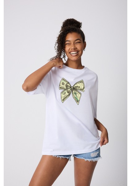 Bow Dollar Baskılı Oversize Pamuklu Beyaz Kadın T-Shirt fiyatları