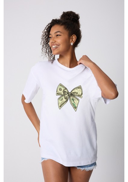 Bow Dollar Baskılı Oversize Pamuklu Beyaz Kadın T-Shirt modelleri