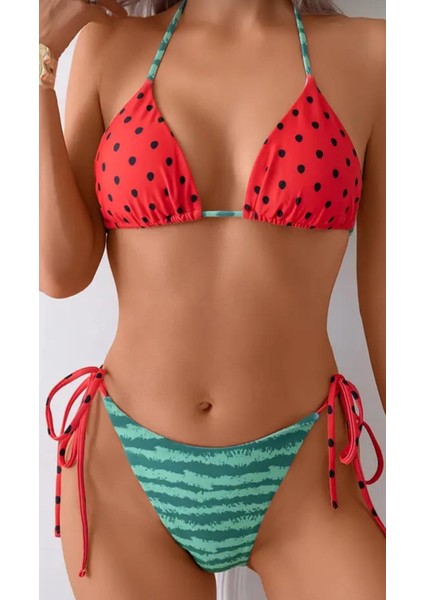 Kapruz Detaylı Üçgen Bikini Moda Bağcıklı Sevimli Detaylı Baskı Bikini Mayo