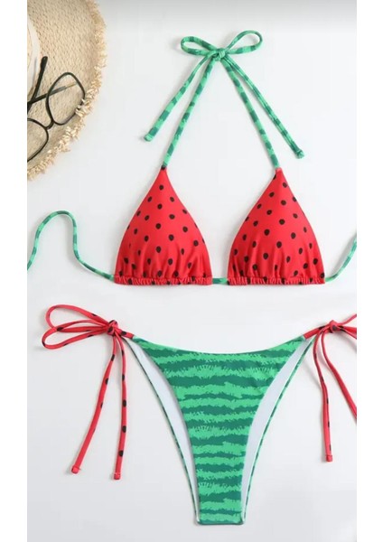 Kapruz Detaylı Üçgen Bikini Moda Bağcıklı Sevimli Detaylı Baskı Bikini Mayo