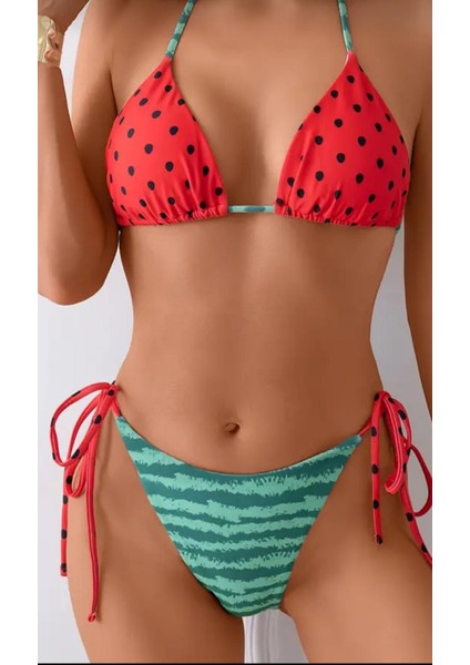 Kapruz Detaylı Üçgen Bikini Moda Bağcıklı Sevimli Detaylı Baskı Bikini Mayo