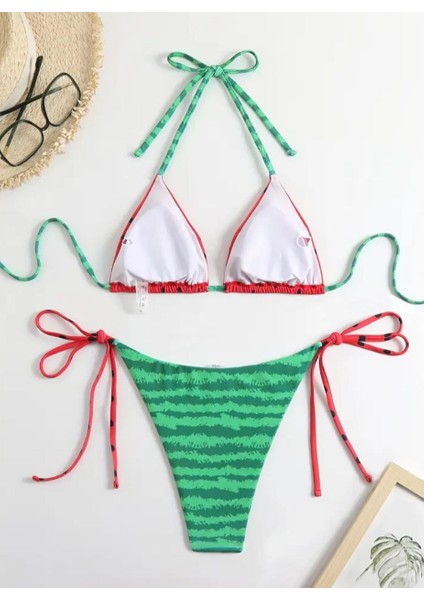 Kapruz Detaylı Üçgen Bikini Moda Bağcıklı Sevimli Detaylı Baskı Bikini Mayo