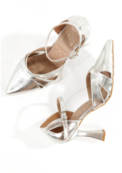 Clara Gümüş Dekolte Stiletto Yüksek Kadeh Topuklu Abiye Ayakkabı
