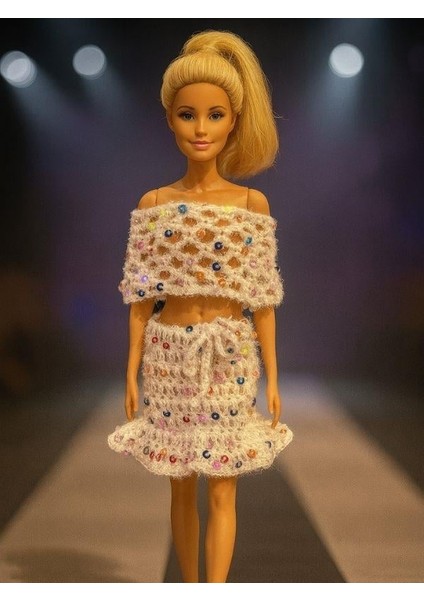 Barbie Bebek Için El Örgüsü Üst ve Etek Ikili Takım