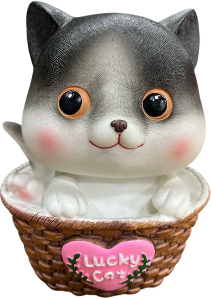 Pastoral Tarz Polyester Sepet Içinde Sevimli Gri Kedi Kumbara – Dekoratif & Fonksiyonel (En:12cm Boy:18 cm Der: 9,5 cm) fiyatları