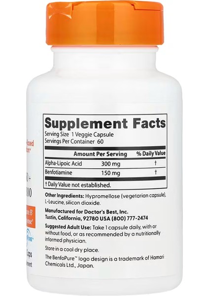 Doctor's Best, Benfotiamine 150 + Alpha-Lipoic Acid 300, 60 Veggie Capsul. 4044 fiyatları