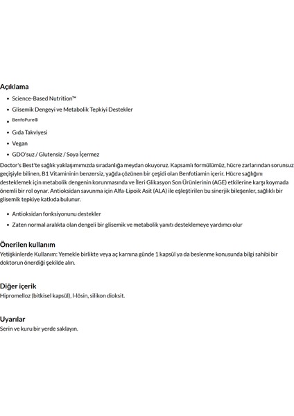 Doctor's Best, Benfotiamine 150 + Alpha-Lipoic Acid 300, 60 Veggie Capsul. 4044 modelleri