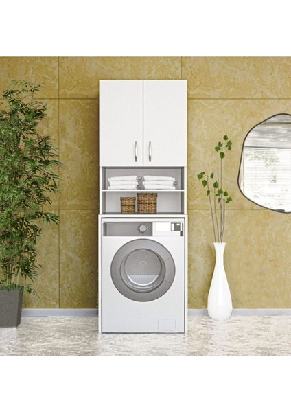 Papatya Çamaşır Makinesi Dolabı, Banyo Dolabı, 4 Raflı, Kapaklı, Beyaz Dolap