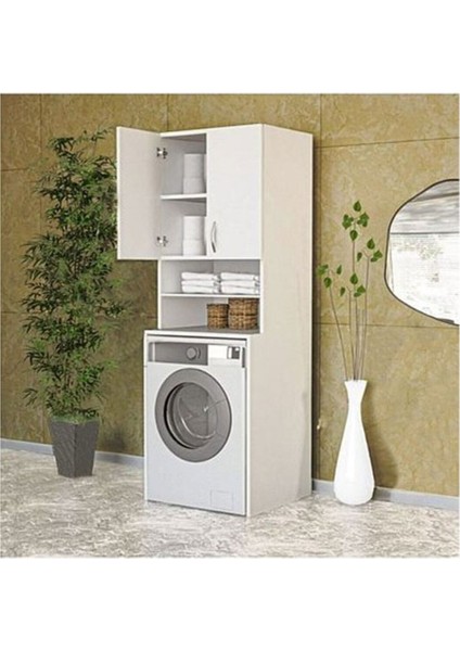 Papatya Çamaşır Makinesi Dolabı, Banyo Dolabı, 4 Raflı, Kapaklı, Beyaz Dolap
