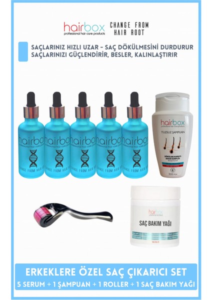 HAİRBOX Erkek Saç Serum, Saç Serum Seti ( 5'li Serum, 1 Şampuan, 1 Saç Bakım Yağ, 1 Dermaroller )