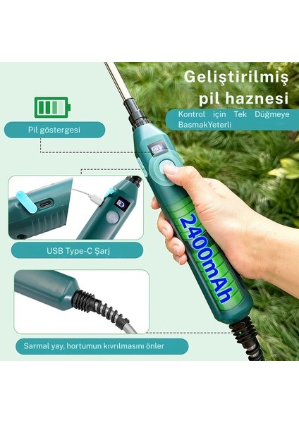 Elektrikli Basınçlı Su Tabancası Şarj Edilir Elektrikli Bahçe Sulama Püskürtücü 5m Hortum modelleri