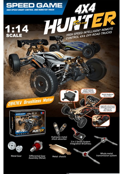 1:14 70 Km Hız Yapan Metal Gövde ve Alaşım Rc Araba Hunter 4x4 Fırçasız Motor Uzaktan Kumandalı Araba
