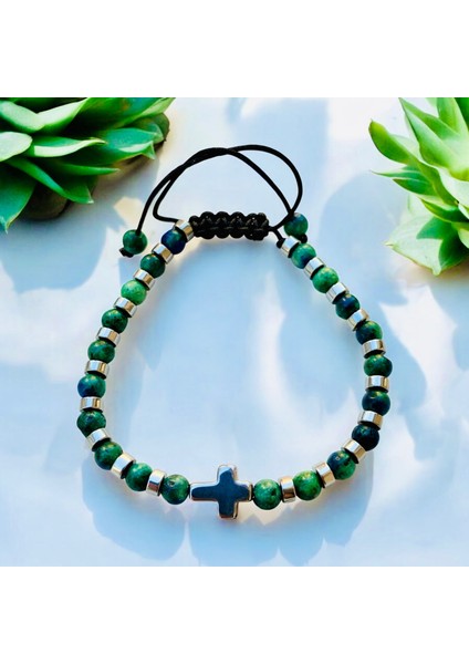 Yeşil Akik Doğaltaşlı Hematit Taşlı Ayarlanabilir Asansörlü Ipli Haç Bileklik