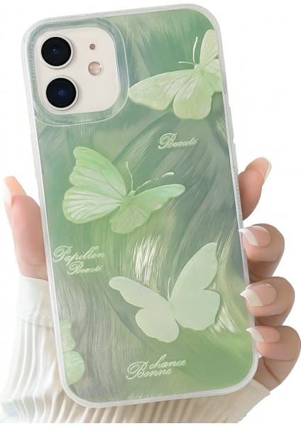Apple iPhone 11 Uyumlu Kılıf Parlak Hologramlı Yeşil Kelebek Desenli Darbe Emici Kamera Korumalı Silikon