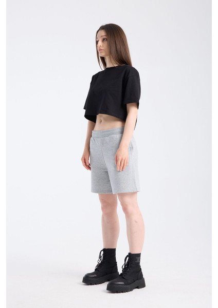 Kadın Crop Yarım Kollu T-Shirt Siyah