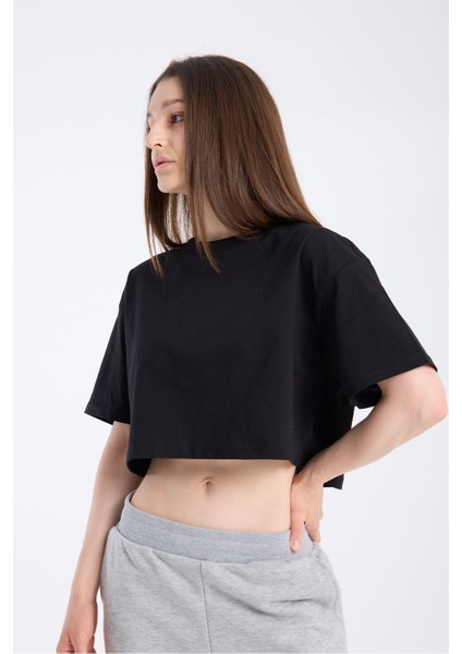 Kadın Crop Yarım Kollu T-Shirt Siyah fırsatları