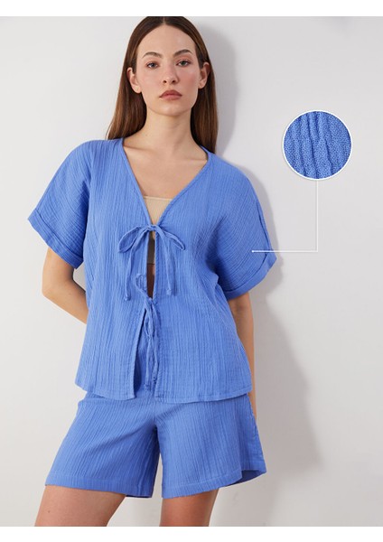 Yeni Sezon V Yaka Dokulu Onu Fiyonklu Muslin Bluz - S5QB37Z8