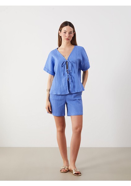 Yeni Sezon V Yaka Dokulu Onu Fiyonklu Muslin Bluz - S5QB37Z8 fiyatları