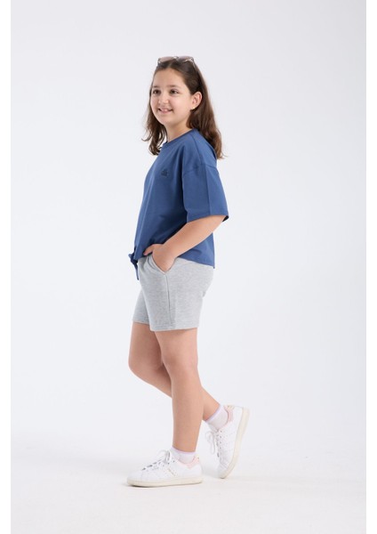 Kız Çocuk Crop Yarım Kollu T-Shirt Indigo