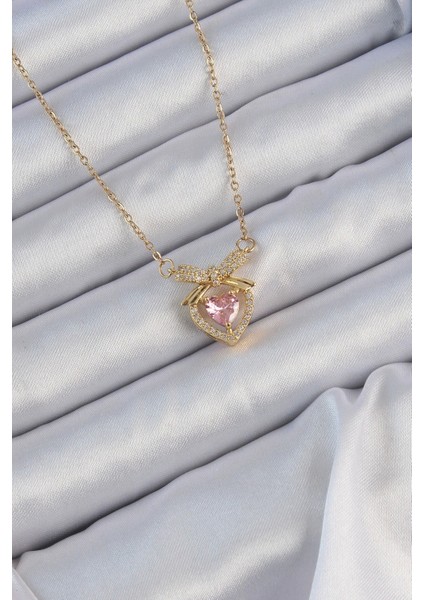 316L Çelik Zincir Altın Renk Pembe Zirkon Taşlı Fiyonklu Kalp Kolye