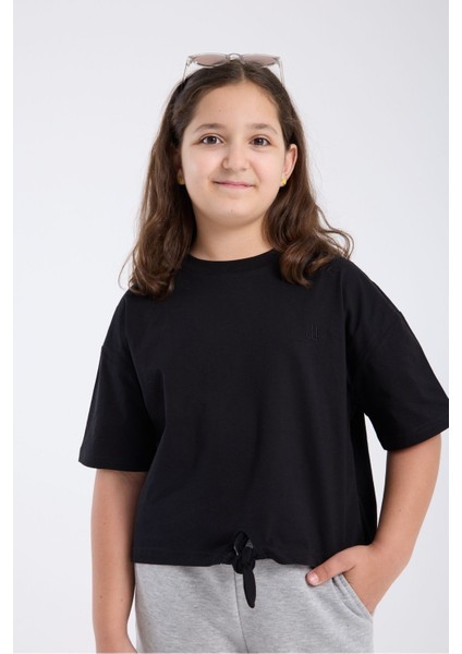 Kız Çocuk Crop Yarım Kollu T-Shirt Siyah