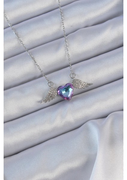 316L Çelik Zincir Gümüş Renk Mavi Mor Zirkon Taşlı Kanatlı Kalp Kolye