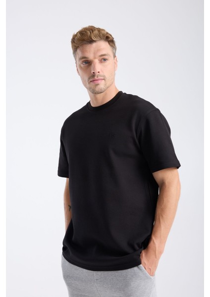 Erkek Loose Fit Yarım Kollu Kalın T-Shirt Siyah indirimleri