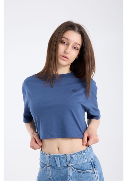 Kadın Crop Yarım Kollu T-Shirt Indigo
