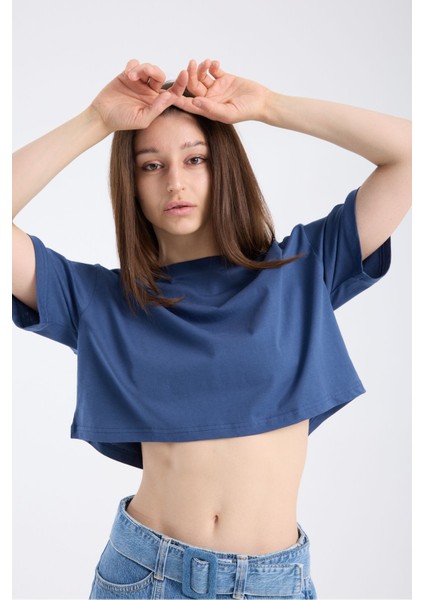 Kadın Crop Yarım Kollu T-Shirt Indigo fiyatları
