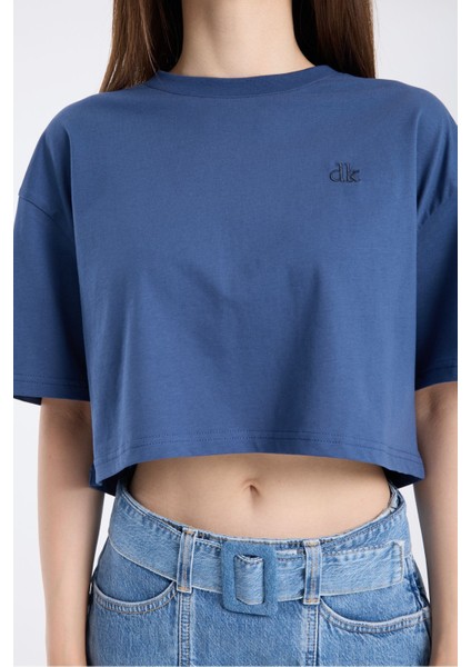 Kadın Crop Yarım Kollu T-Shirt Indigo modelleri