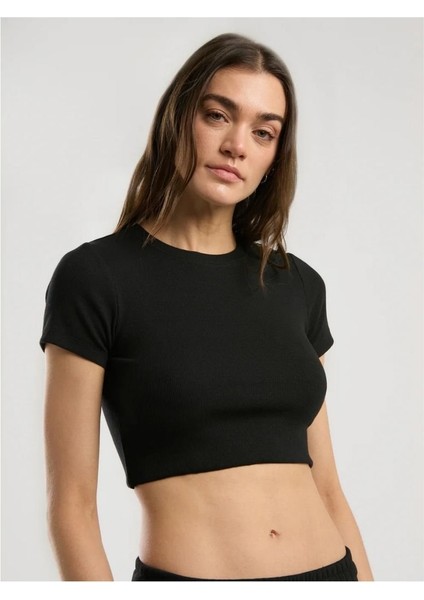 Ever Relaxed Rib Siayh Kadın Crop Tişört