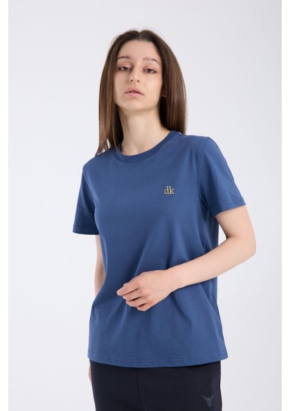 Kadın Regular Fit Yarım Kollu T-Shirt Indigo %100 Pamuk fırsatları